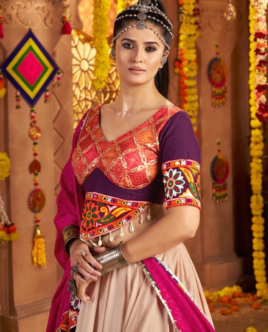 11001 - Amazing Beige Viscose Rayon Embroidered Navratri Wear Lehenga Choli